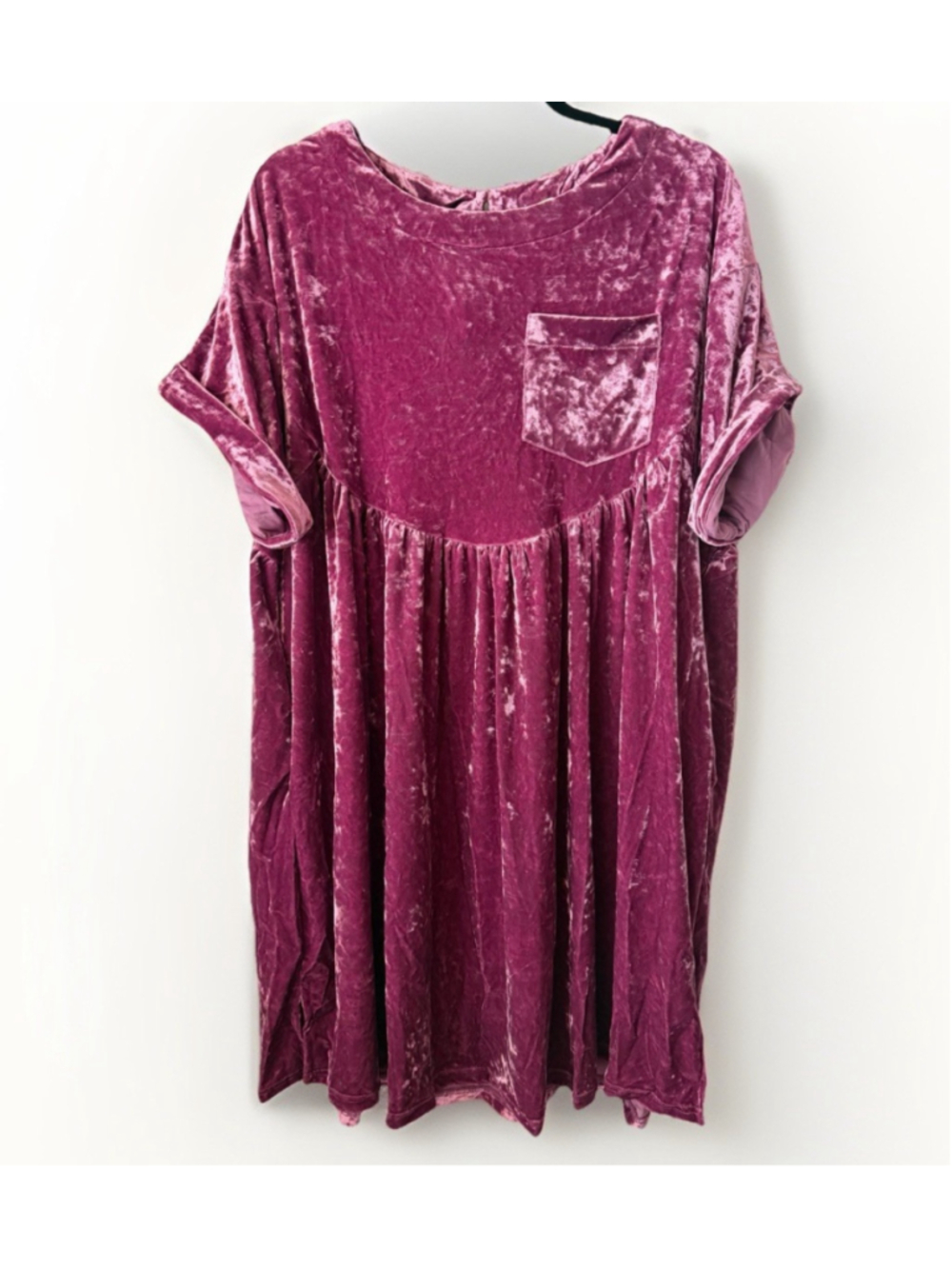 Kori Crushed Velvet Tunic Dress Pink Mauve Pocket Short Sleeve Size L NWT